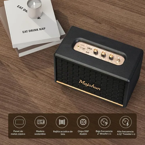 Vista 8 de Altavoz Bluetooth 5.4 de madera pico de 100 W, estéreo TWS vintage (negro) Retro style with bass & treble control, AUX & USB input; multiple