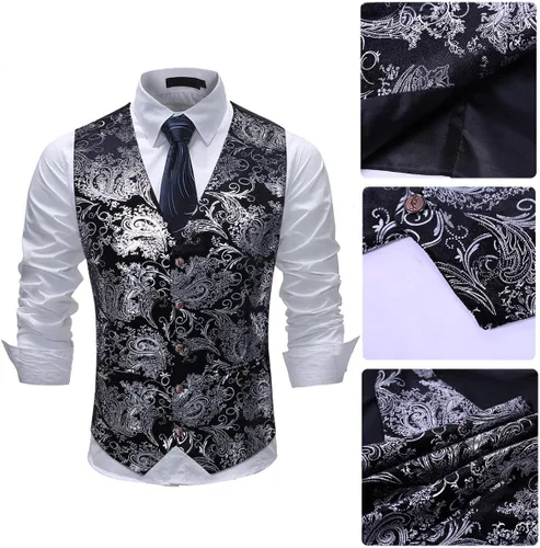 Vista 4 de Cloudstyle Chaleco de vestir con estampado para hombre, ajustado, chaleco formal con botones