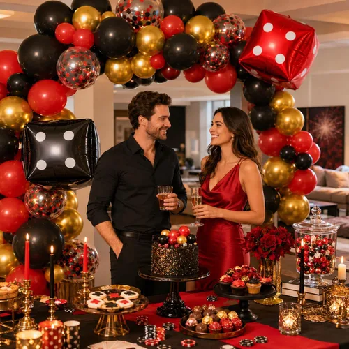 Vista 7 de Globos de Casino, Globos Metálicos Negros Rojos Dorados de 12 Pulgadas con Confeti y Dados de Lámina para Decoración de Fiesta Temática de Juego