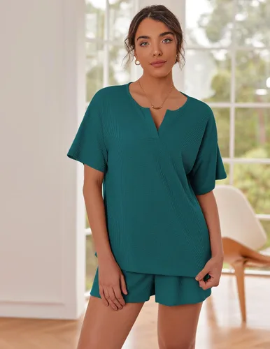 Vista 3 de Ekouaer Conjunto de pijama de punto gofre para mujer, conjunto de 2 piezas, camiseta de manga corta y pantalones cortos, conjuntos de pijama