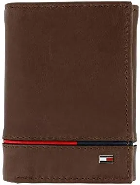 Vista 5 de Tommy Hilfiger Cartera de cuero Leif RFID triple con doble identificación para hombre, Marrón, Trifold