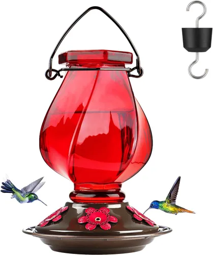 Vista 9 de BOLITE - Alimentador de colibríes, de vidrio soplado a mano, para colgar en exteriores, con trampa para hormigas y 5 puertos de alimentación, 22