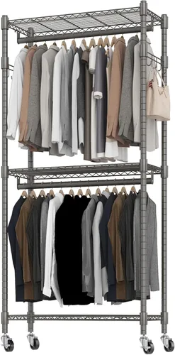 Vista 11 de BATHWA Perchero angosto de 2 niveles para colgar ropa, perchero portátil que ahorra espacio con ruedas y varillas dobles, 8 perchas, ajustable, Negro