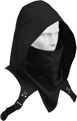Vista 3 de Capucha de tela con capucha Cyberpunk, máscara de pícaro, capucha de pícaro, capa con capucha, capucha para disfraz de Cyberpunk, color negro