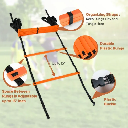 Vista 3 de GHB Pro Agility Ladder Agility Training Ladder Speed 12 Rung 20ft with Carrying Bag Naranja