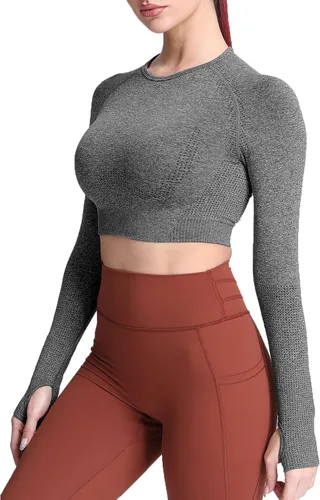 Vista 2 de Aoxjox - Camisetas de manga larga para mujeres Vital 1.0 y 2.0, camiseta tipo ombliguera de entrenamiento, sin costuras
