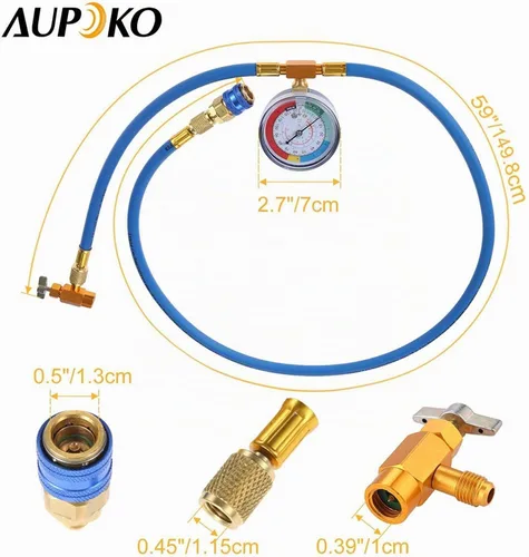 Vista 5 de Kit de manguera de recarga Aupoko R134A con manómetro, manguera de recarga de refrigerante AC de 59' con conector hembra de 1/2" tipo punción