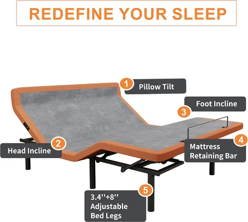 Vista 5 de ESHINE Base de cama ajustable individual XL con colchón híbrido de 14" Inclinación de almohada, control por aplicación inteligente, gravedad cero