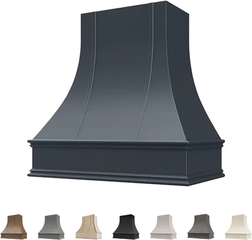 Vista 8 de Cubierta curvada para campana extractora de nogal americano con molduras decorativas, cubiertas de madera para campana extractora de pared, madera