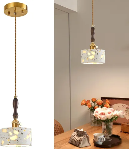 Vista 10 de Wabi Sabi - Lámpara colgante de piedra natural nórdica para isla de cocina, lámpara de suspensión de madera para comedor, mesita de noche, entrada
