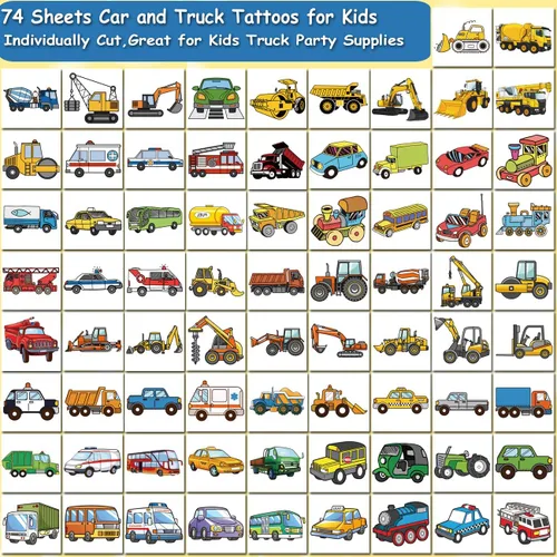 Vista 2 de CHARLENT Tatuajes temporales para automóviles y camiones para fiestas infantiles, 74 hojas individuales, para construcción de automóviles