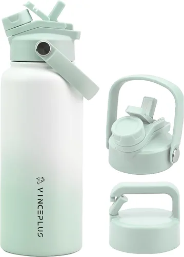 Vista 31 de Botella de agua de acero inoxidable de 32 onzas con tapa 2 en 1, botella de agua aislada al vacío de triple pared, a prueba de fugas, asa