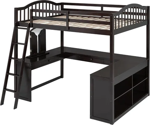 Vista 5 de Cama loft de madera tamaño matrimonial con escritorio en forma de U y espejo de tres pliegues, base de cama tipo loft multifunción con Espresso-10.16