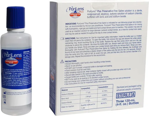 Vista 5 de Purilens Plus, solución salina sin conservantes para lentes de contacto, 120 ml (4 fl. oz), paquete de 3