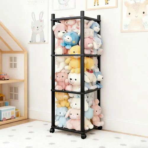 Vista 2 de Almacenamiento de madera para animales de peluche, organizador de juguetes de madera maciza resistente con ruedas bloqueables, fácil