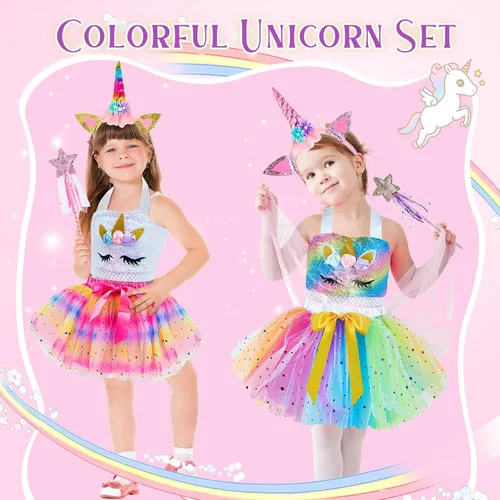 Vista 3 de Panitay Juego de disfraz de princesa de 33 piezas para niñas de 3 a 6 años, unicornio, hada, princesa sirena con accesorios, ropa de juego