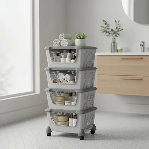 Vista 6 de Cestas de almacenamiento apilables de plástico para cocina, de 5 niveles, color gris