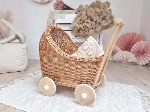 Vista 5 de Wiklibox Cochecito de muñeca de ratán natural, hecho a mano en Europa, se adapta a muñecas de 17 pulgadas y juguetes de peluche, cochecito de muñeca