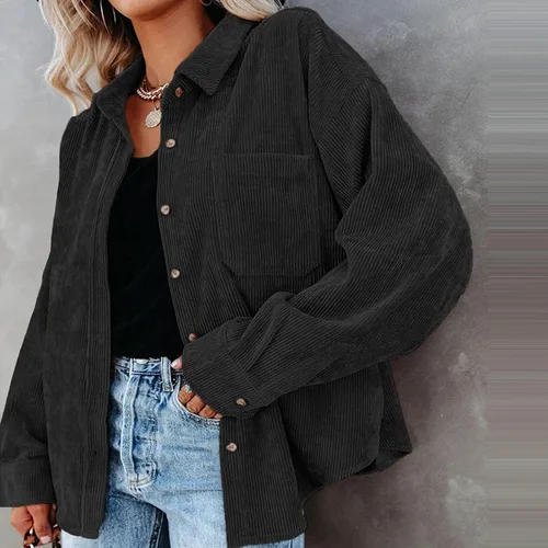 Vista 2 de Blusas de pana con botones para mujer, de manga larga, estilo casual, con solapa, acolchada, cárdigan liso, con bolsillo holgado