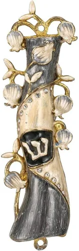 Vista 2 de Matashi Mezuzah para puerta con pergamino, pintado a mano gris y dorado esmalte mezuzah funda, ramas y cristales de granada, forma de cuerno