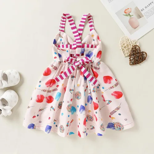 Vista 3 de Falda de verano para niñas pequeñas, vestido sin espalda con tirantes y estampado de helado