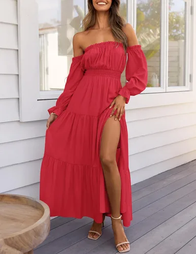 Vista 27 de ZESICA - Vestido largo, bohemio y sexy, con hombros descubiertos y manga larga fruncida, con elástico fruncido, cintura alta y abertura lateral