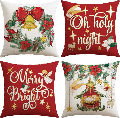 Vista 11 de Artscope Juego de 4 fundas de almohada de Navidad Oh Holy Night Merry Bright Corona de Jesús de 16 x 16 pulgadas, fundas de almohada para decoración