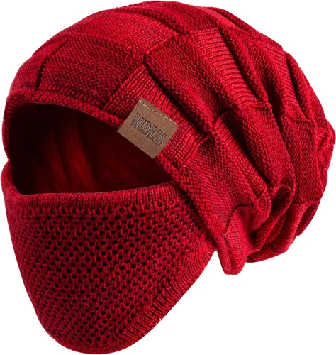 Vista 6 de REDESS Gorro para hombre y mujer, gorro de invierno cálido de punto holgado grueso con cubierta facial D2 Negro