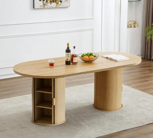 Vista 7 de Mesa de comedor redonda extensible con base de almacenamiento, mesa de comedor expandible natural de 63 a 94 pulgadas para 10 personas, mesa