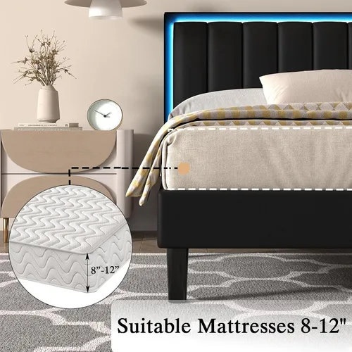 Vista 7 de IMMERSTABLE - Bases de cama tamaño individual, tapizadas con cabecero, luces LED RGB, soporte resistente con listones de madera, sin ruido, no Negro