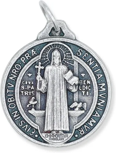 Vista 5 de Caritas et Fides Paquete de 10 colgantes de medalla de San Benito 34 pulgadas redondas de plata oxidadas de San Benito para collar medallas