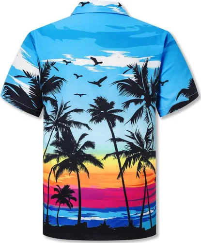 Vista 2 de Cromoncent Camisa hawaiana de manga corta para hombre y niño, cuello cubano, tropical, vacaciones, verano, playa, Aloha Azul