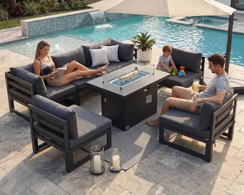 Vista 61 de BULEXYARD - Sofá modular de aluminio para exteriores con mesa para fogata, 7 piezas, color verde azulado