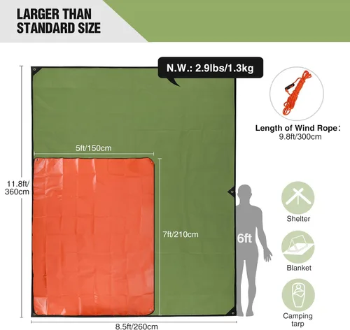 Vista 2 de Paquete de 2 mantas de supervivencia resistentes, lona térmica de emergencia impermeable, multiusos, reflectantes, aisladas, para todo