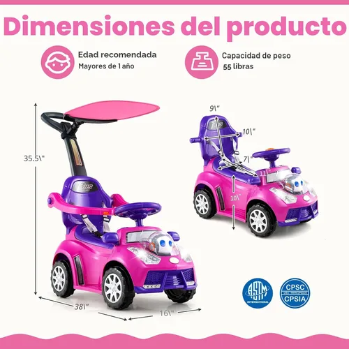 Vista 7 de Costzon Coche de empuje para niños pequeños, cochecito 3 en 1, auto deslizante para caminar con asa, toldo, cinturón de seguridad, bocina, música