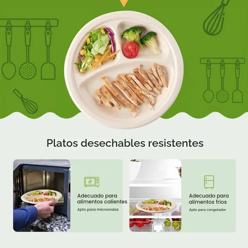 Vista 4 de ECOLipak paquete de 125 platos desechables de 3 compartimentos, platos de papel compostables de 10 pulgadas de alta resistencia, hechos de fibras