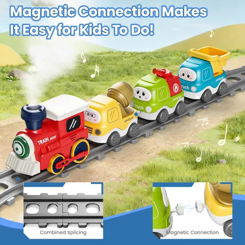 Vista 4 de Juego de tren eléctrico para niños pequeños con sonido y luces, juguetes de tren de conexión magnética con pistas y señales de tráfico, regalo