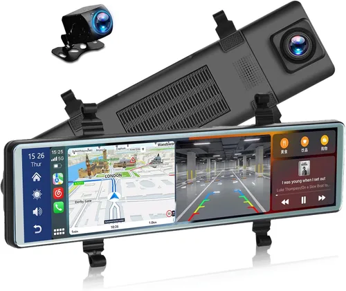 Vista 10 de Cámara de espejo retrovisor con Carplay y Android Auto, 9.66 pulgadas 1080P espejo Dash Cam frontal y trasera con control de voz