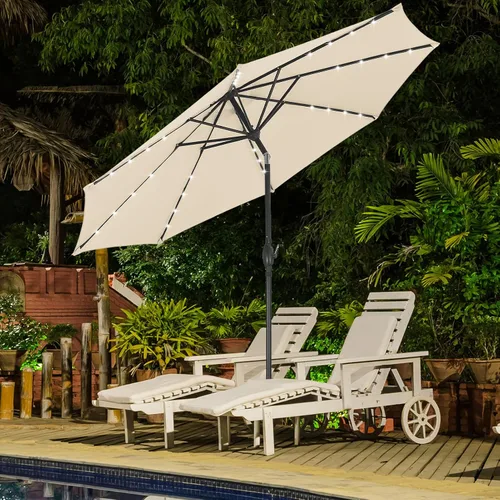 Vista 12 de Sombrilla solar de patio de 10 pies con base, 32 luces LED, sombrilla de mercado al aire libre con botón de inclinación y grietas para jardín Azul