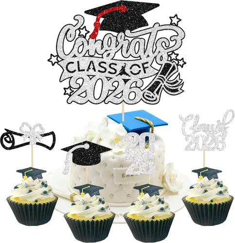 Vista 39 de Gyufise 24 piezas de decoración para cupcakes con purpurina para graduación 2026, decoración de pasteles para graduación 2026, decoración de Negro