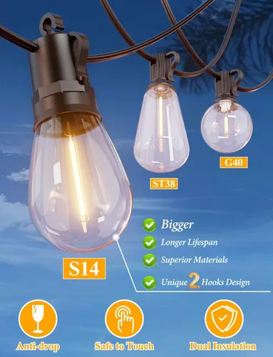 Vista 2 de Brightever Guirnalda de luces para exteriores de 25 pies impermeable, luces LED para patio con 8+1 bombillas Edison S14 inastillables, luces