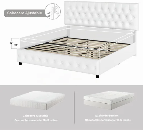 Vista 6 de Keyluv Moderna base de cama tapizada con 4 cajones, diseño de cabecera capitoné con botones, soporte de listones de madera maciza, fácil montaje