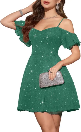 Vista 13 de Meetjen Vestido de cóctel formal brillante acampanado para mujer, vestido Azul marino