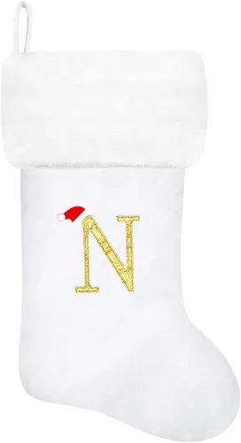Vista 126 de Calcetines de Navidad bordados de 20 pulgadas con monograma, terciopelo negro con puño de felpa blanca supersuave, adornos clásicos para decoración