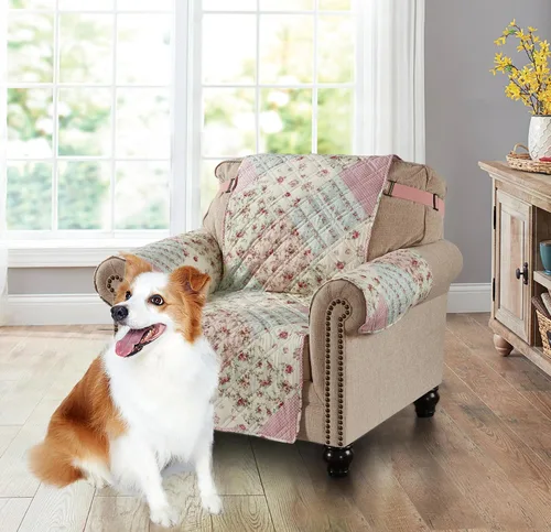 Vista 17 de Brilliant Sunshine Blue Toile Funda Acolchada con Quilted para Silla, 23 pulgadas de Ancho de Asiento, Protector de Muebles Antideslizante, Correa