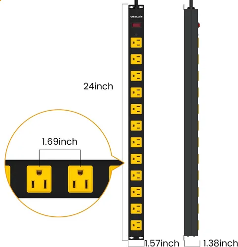 Vista 3 de Regleta de alimentación larga de 12 tomas, cable de alimentación de 3 pies, protector de sobretensiones de 2100 julios, barra de alimentación