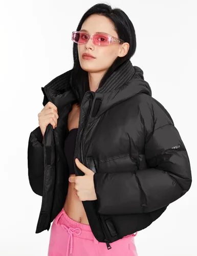 Vista 4 de Orolay Chaqueta acolchada corta ligera para mujer, abrigo corto de plumón con capucha y manga larga