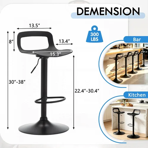 Vista 2 de LSSPAID Juego de 4 taburetes de bar giratorios de 360° de altura ajustable con respaldo y reposapiés, sillas de bar modernas de altura de mostrador