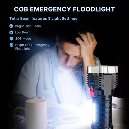 Vista 3 de TetraBeam Linterna táctica recargable con tecnología avanzada COB LED – Linternas recargables USB, luz de trabajo resistente al agua, 3 ajustes