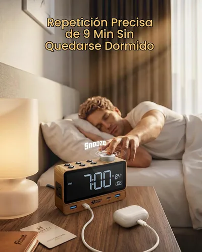 Vista 5 de SUPERDANNY Reloj despertador con PD de 20 W, 4 puertos USB, tira de alimentación de 2 tomas de CA, relojes despertadores digitales para dormitorios